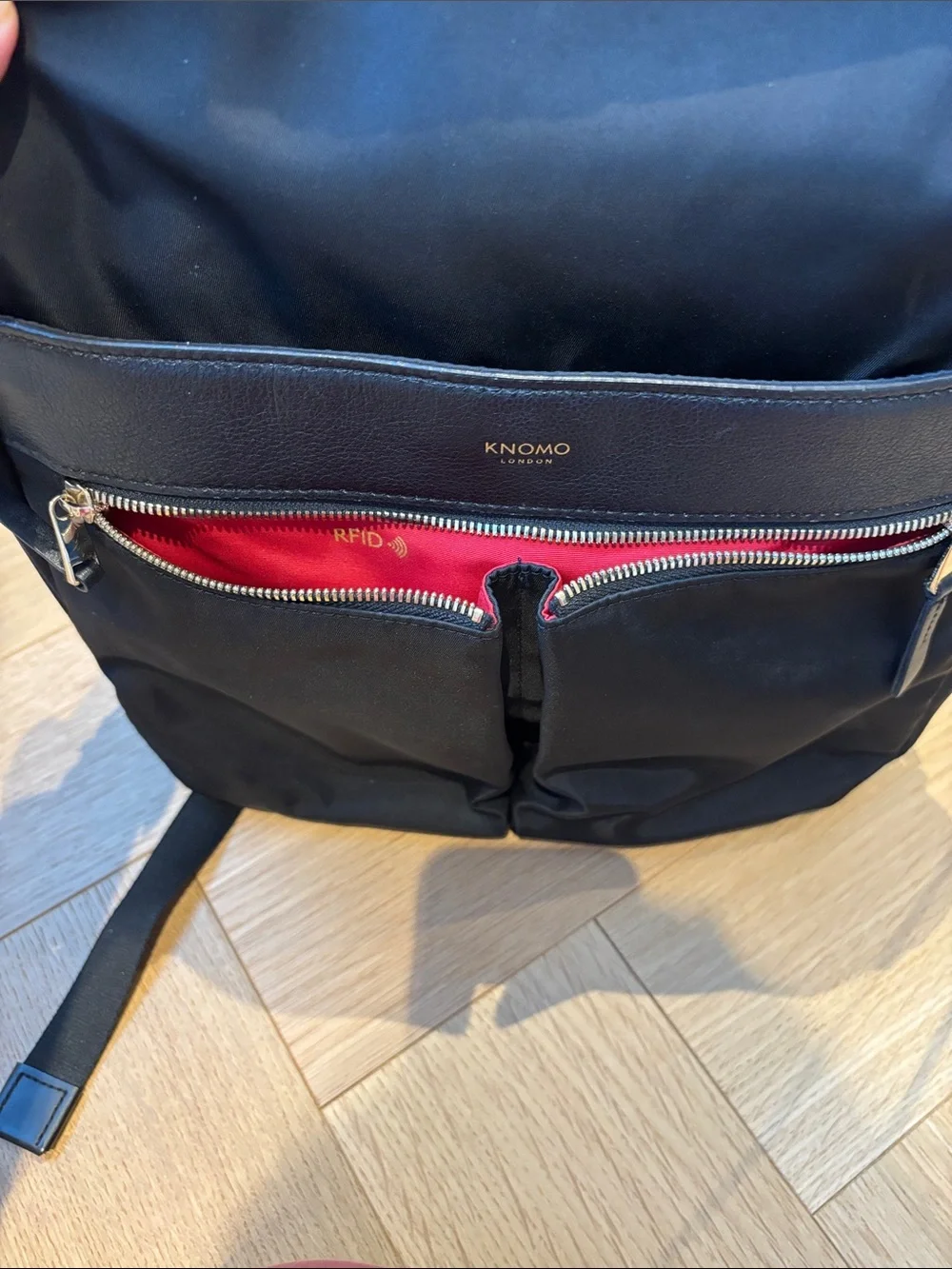 KNOMO Black Nylon Laptop Backpack with Front Zip Pocket